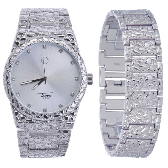Mens 14K White Gold PT Iced Out Watch and Bracelet - Picture 1 of 5